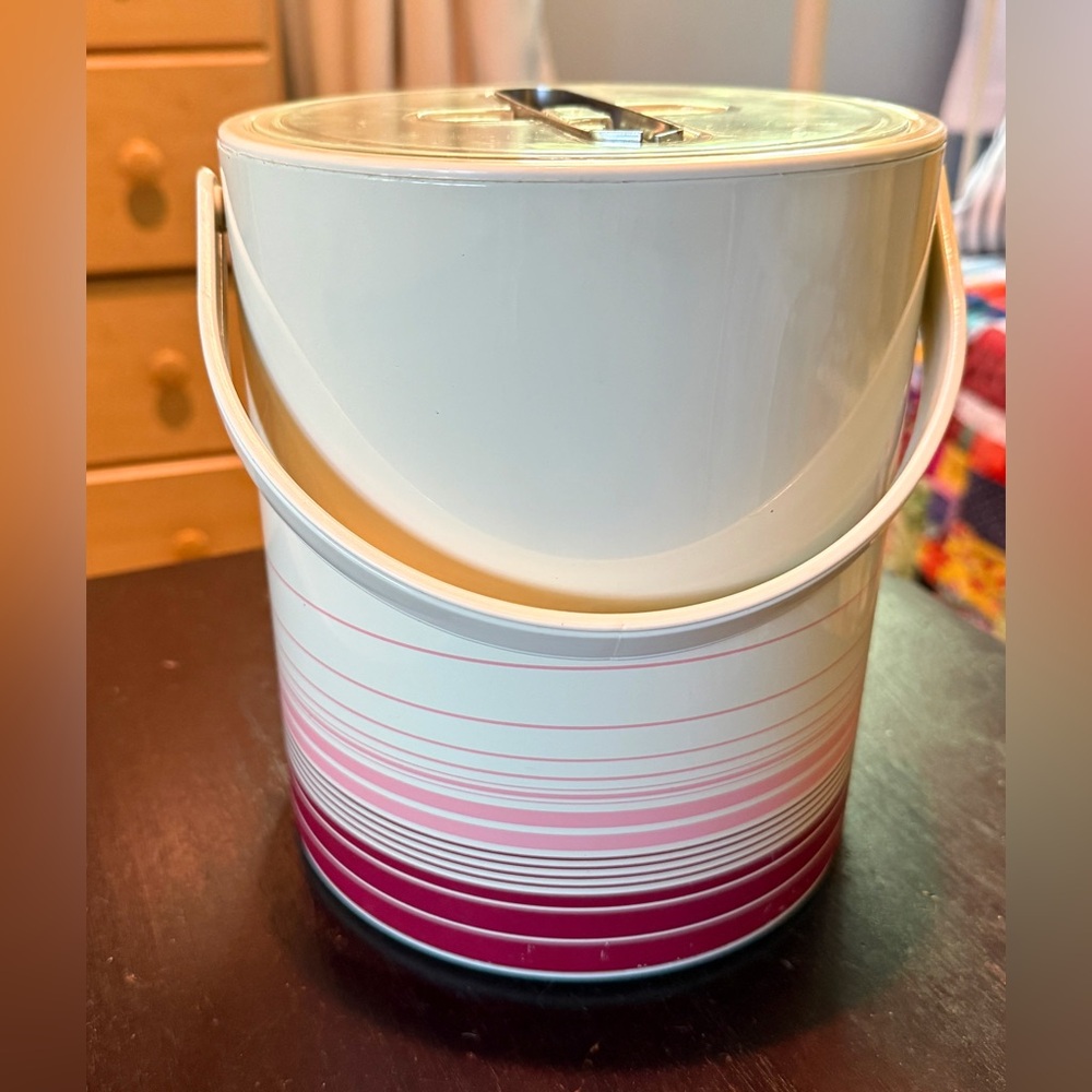 Vintage Phoenix 1980s Ice Bucket with Lid and Tongs, Mauve and Pink Stripe